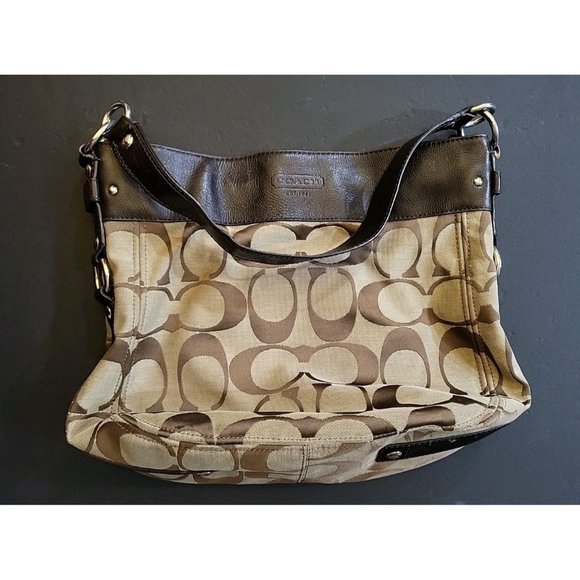 COACH SIGNATURE C ZOE BROWN LEATHER & JACQUARD Y2K HOBO F14709 SHOULDER HANDBAG - Picture 1 of 16